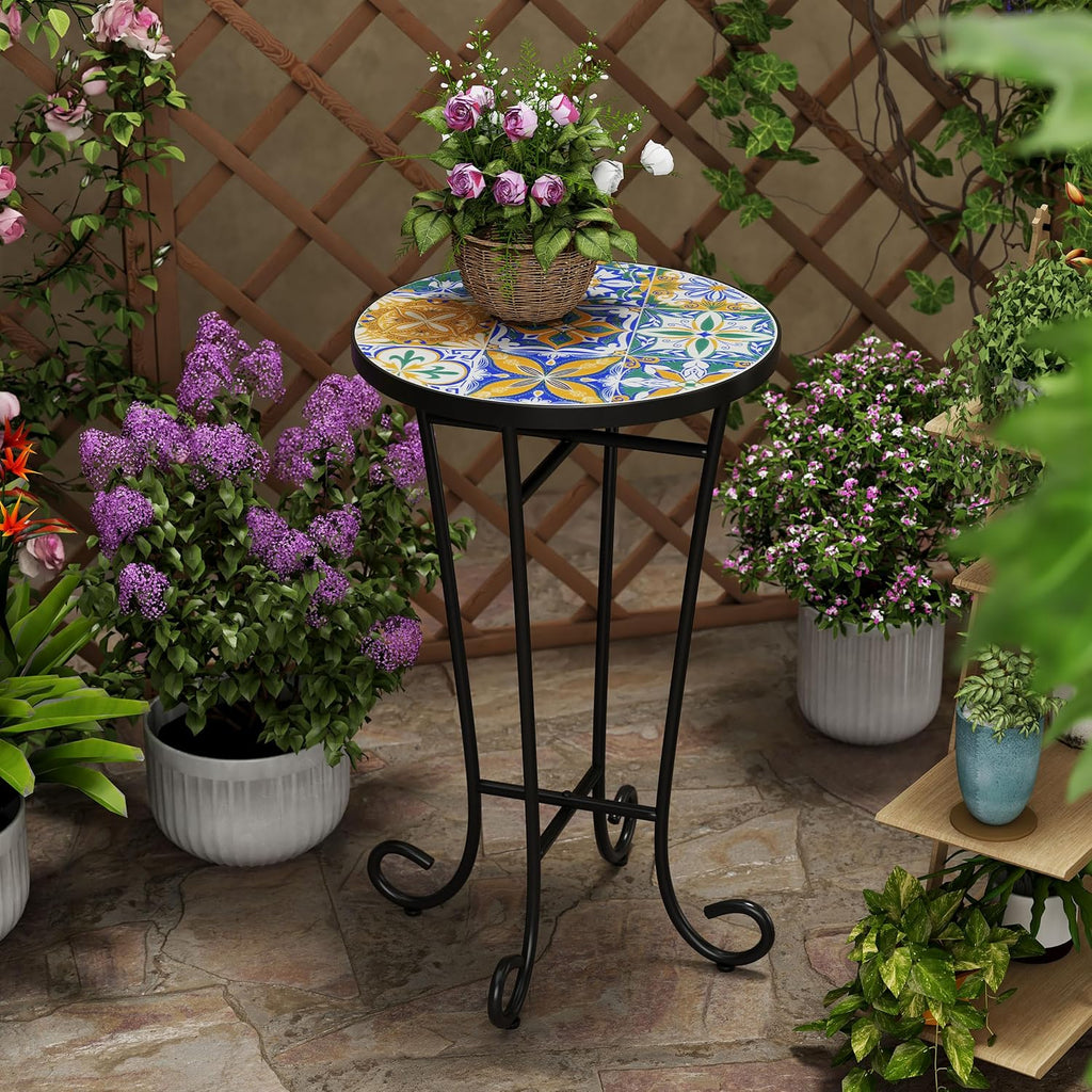 Outdoor Round Side Table,Ceramic Top Patio End Table with Metal Frame,Modern Small Accent Table Coffee Tea Table for Patio Garden Balcony Porch Indoor 14" Classic Revival