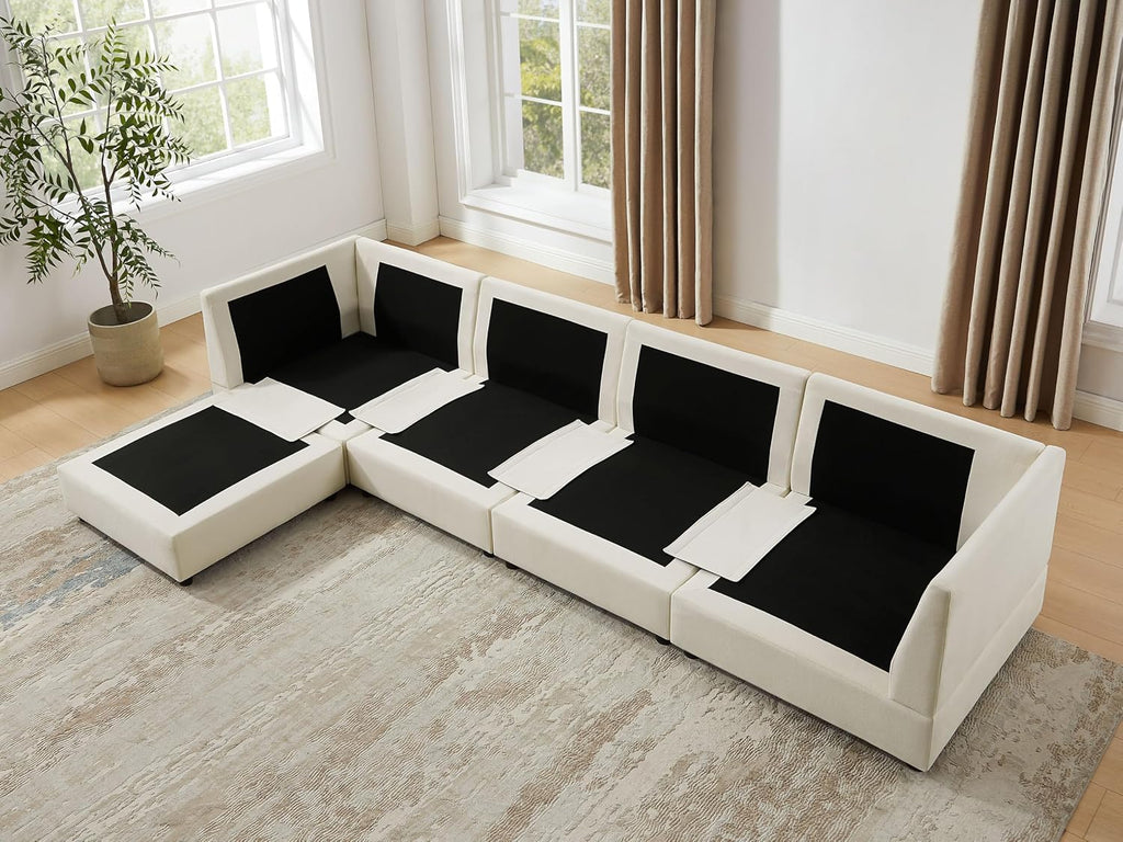 VANOMi U Shape Modular Sectional Sofa Couch for Living Room, Oversized Modern Sleeper Cloud Couch with Deep Seat Double-Layer Thick Cushion Ottoman, Convertible Upholstered Sofa Set, Ivory White