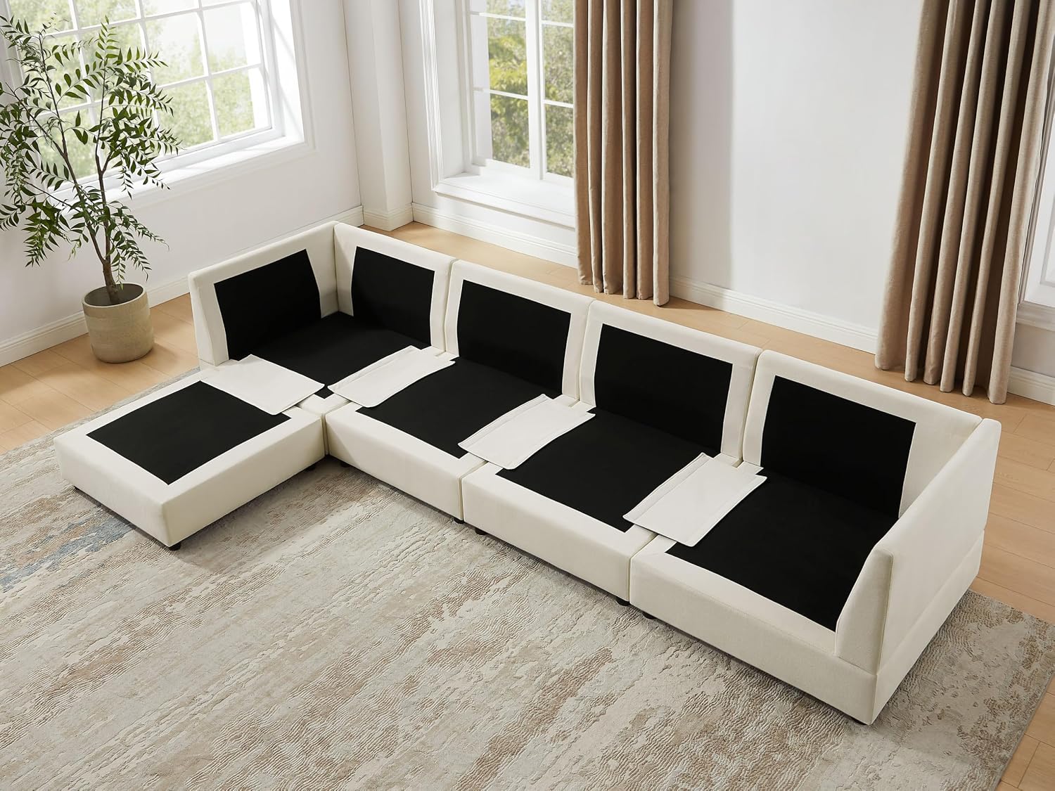VANOMi U Shape Modular Sectional Sofa Couch for Living Room, Oversized Modern Sleeper Cloud Couch with Deep Seat Double-Layer Thick Cushion Ottoman, Convertible Upholstered Sofa Set, Ivory White