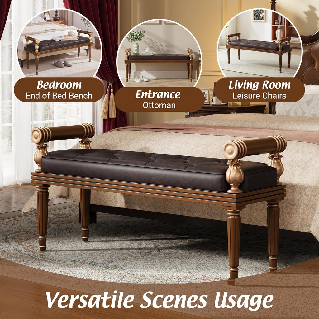 Christopher Knight Home Yae Luxurious PU Leather Upholstered End of Bed Ottoman, Wooden Living Room Ottoman Bench with Fluted Legs/Cylindrical Arm, Long Entryway Bench with Button Tufting, Brown