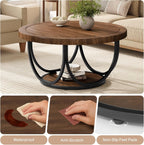 Tribesigns Round Coffee Table with 2 Tiers, 31.5" Wooden Circle Accent Cocktail Table with Storage Shelf and Metal Frame, Industrial Center Tables for Living Room, Brown & Black