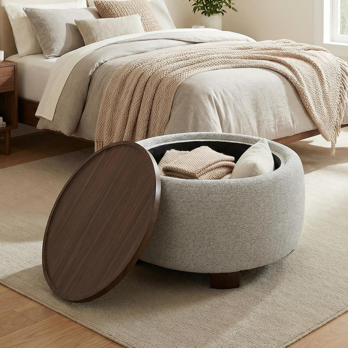 VKNOW 30" Round Storage Ottoman, Ottoman Coffee Table with Removable Wood Top and Solid Wood Legs for Living Room, Bedroom, Apartments (Beige)