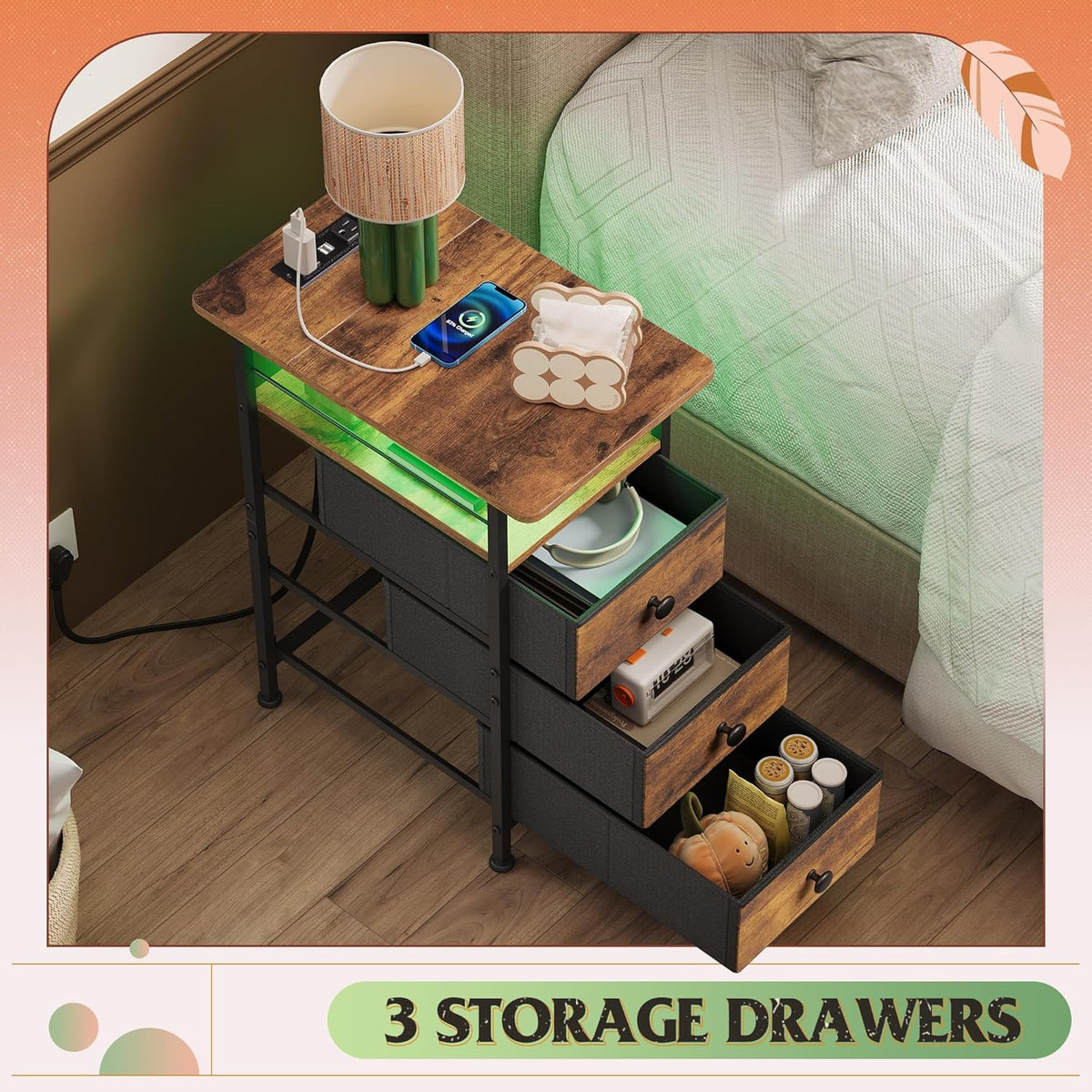 WLIVE Narrow Side Table with Charging Station, End Table with LED Lights,3 Fabric Drawers and Open Storage Shelf, Bed Side Tables Living Room, Small Spaces, Bedroom, Rustic Brown