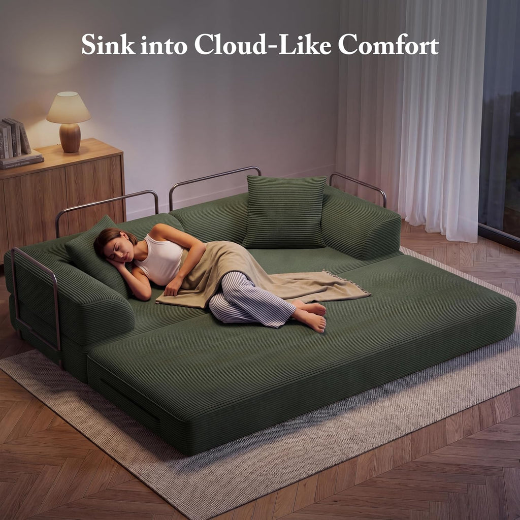 Cloud Couch Futon Sofa Bed, 5-in-1 Convertible Sofa Bed Pull Out Couch Sleeper Sofa Compressed Loveseat, 70" High-Density Sponge & Corduroy Fabric Futon Daybed for Living Room Bedroom(Green)