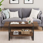 2-Tier Farmhouse 41'' Large Gray Wood Coffee Table with Storage Shelf -Modern Rustic Metal Rectangle Center Living Room Coffee Table Accent Furniture for Home Office,Easy Assembly(Walnut Brown)