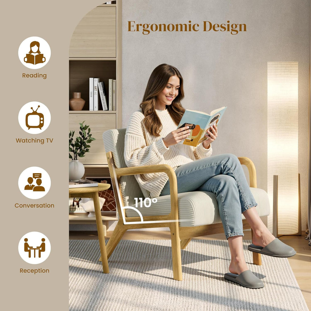 Yaheetech Accent Chair for Living Room, Corduroy Mid Century Modern Reading Armchairs with Lumbar Pillow for Bedroom, Decorative Sofa Chair for Adult Beige/Set of 1
