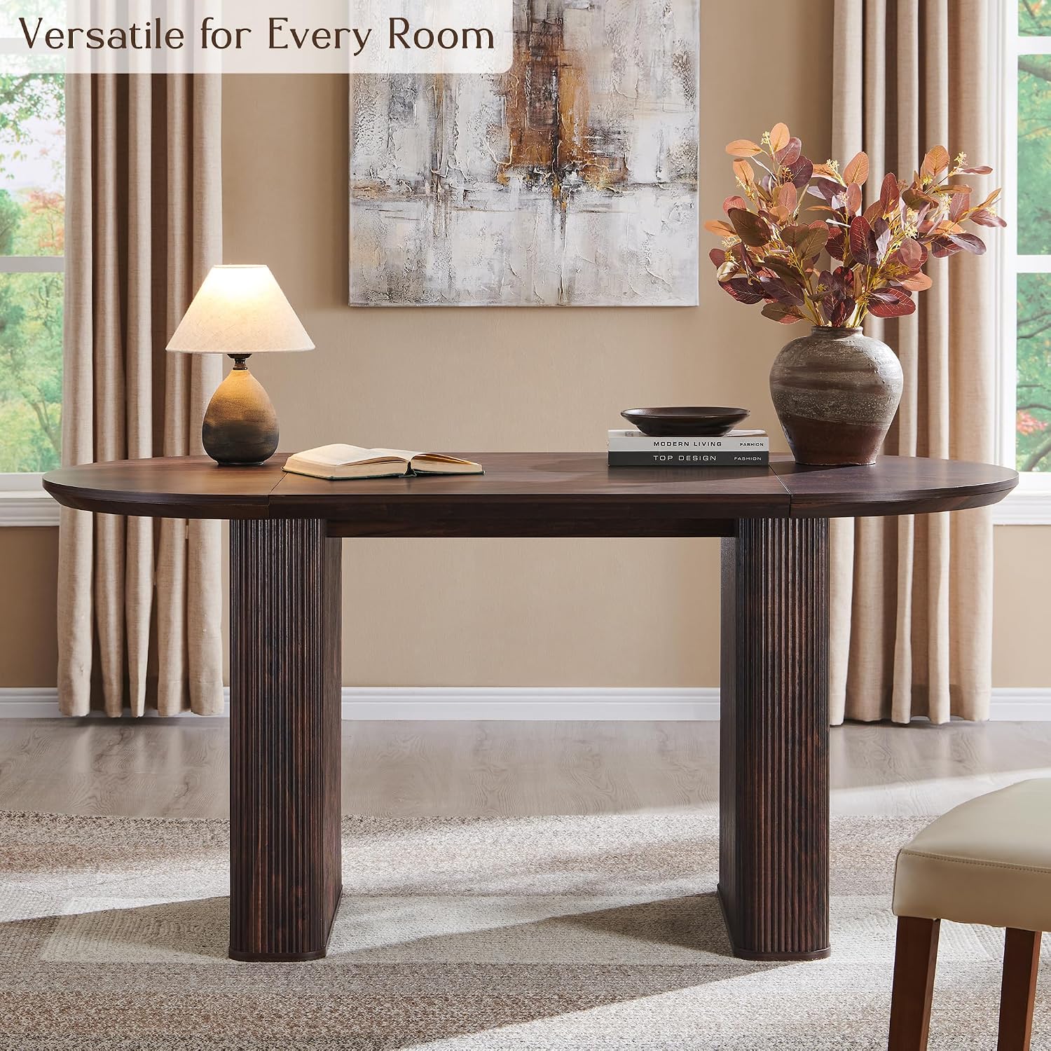T4TREAM 63" Fluted Oval Dining Table for Kitchen Living Room, Walnut | Mid Century Modern Kitchen Table, Seats 4-6, Thickened Edge and Sturdy Strip Pedestal Base