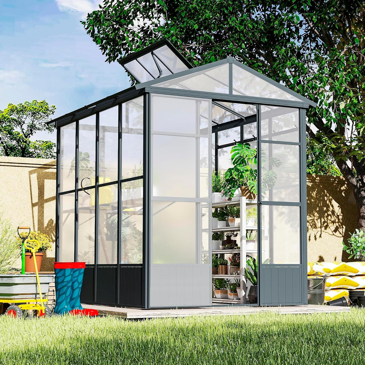 Domi 6.5x8FT Polycarbonate Greenhouse with Automatic Vent, Extra Tall 7.8FT Walk-in Aluminum Frame, Weather-Resistant Green House with Shelves & Hooks for Outdoor Garden, Backyard, Dark Grey