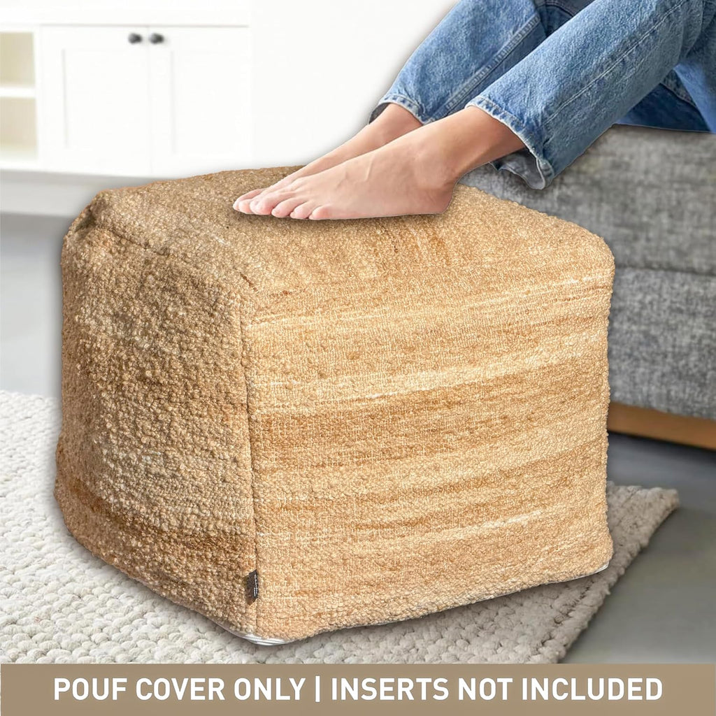 Chardin home Unstuffed Pouf Ottoman Cover, Beige, 16.5x16.5x12.9 Inches | DIY Fillable Floor Pouf with Storage, Indoor Outdoor Square Ottoman, Footrest, Boho Decorative Floor Pillow