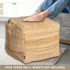 Chardin home Unstuffed Pouf Ottoman Cover, Beige, 16.5x16.5x12.9 Inches | DIY Fillable Floor Pouf with Storage, Indoor Outdoor Square Ottoman, Footrest, Boho Decorative Floor Pillow