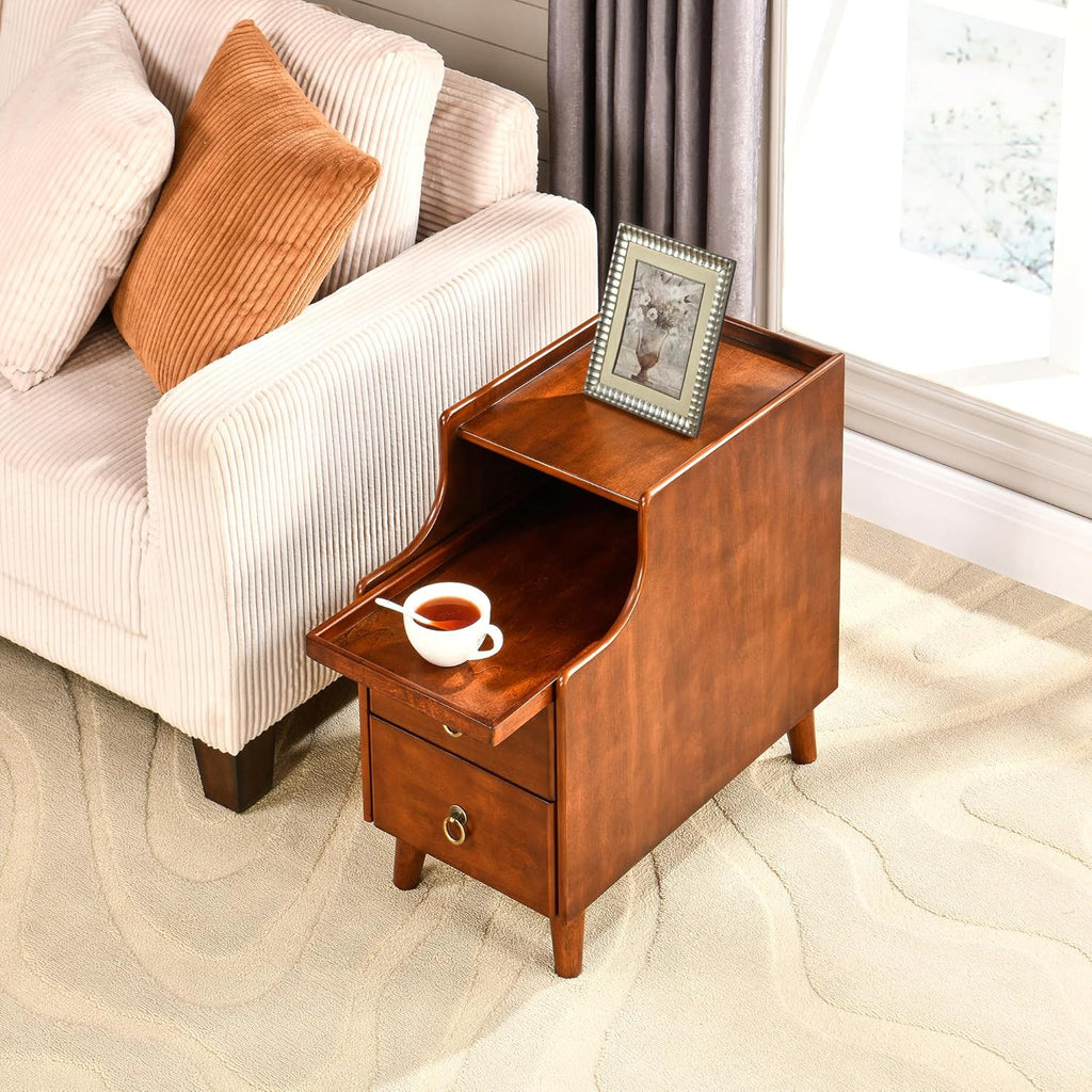 Set of 2 Solid Wood Narrow Nightstand with 2 Drawers, Fully Assembled Skinny Night Stand with Pull-out Tray for Bedroom, Pre-Assembled Vintage Wooden Slim Side Table for Small Space, 21.7x11.8x23in