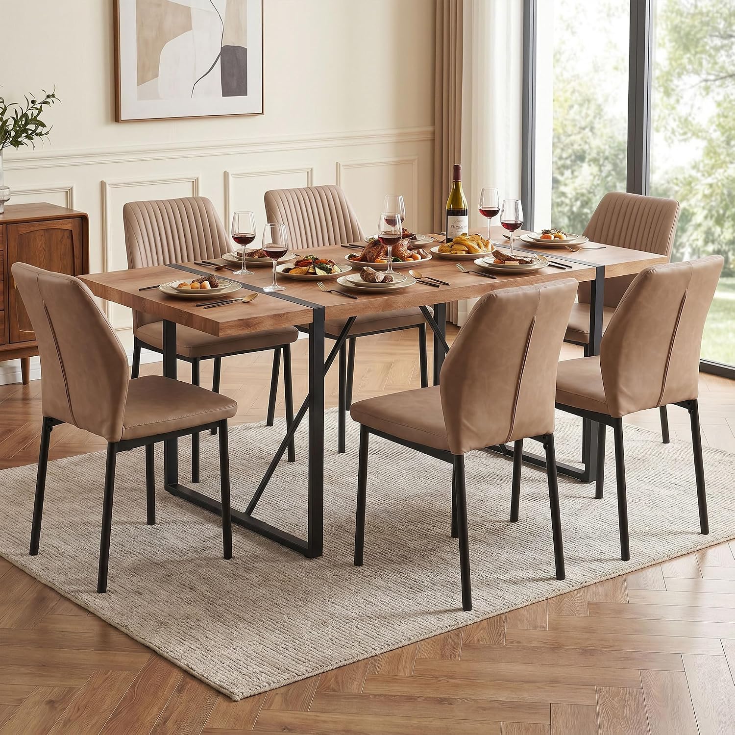 Dining Chairs Set of 6, Beige PU Leather Dining Chairs, Comfortable Upholstered Armless Kitchen Chairs with Black Metal Legs for Living Room, Dining Room, Kitchen