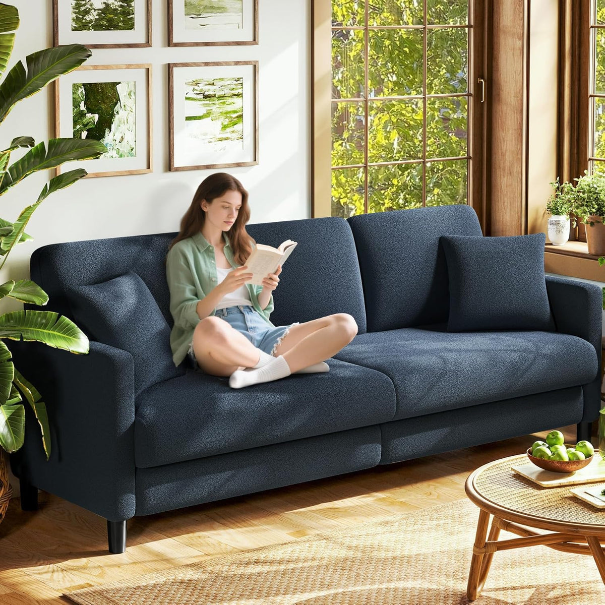 Welzona Couches for Living Room, 83"Teddy Sofa Couch, Sofas for Living Room | Tool-Free Setup Loveseat Sofa, All-Wood Love Seat Couches, 7.5"Spring Seat Cushion, Small Couch Bedroom, 2 Pillows, Blue Grey