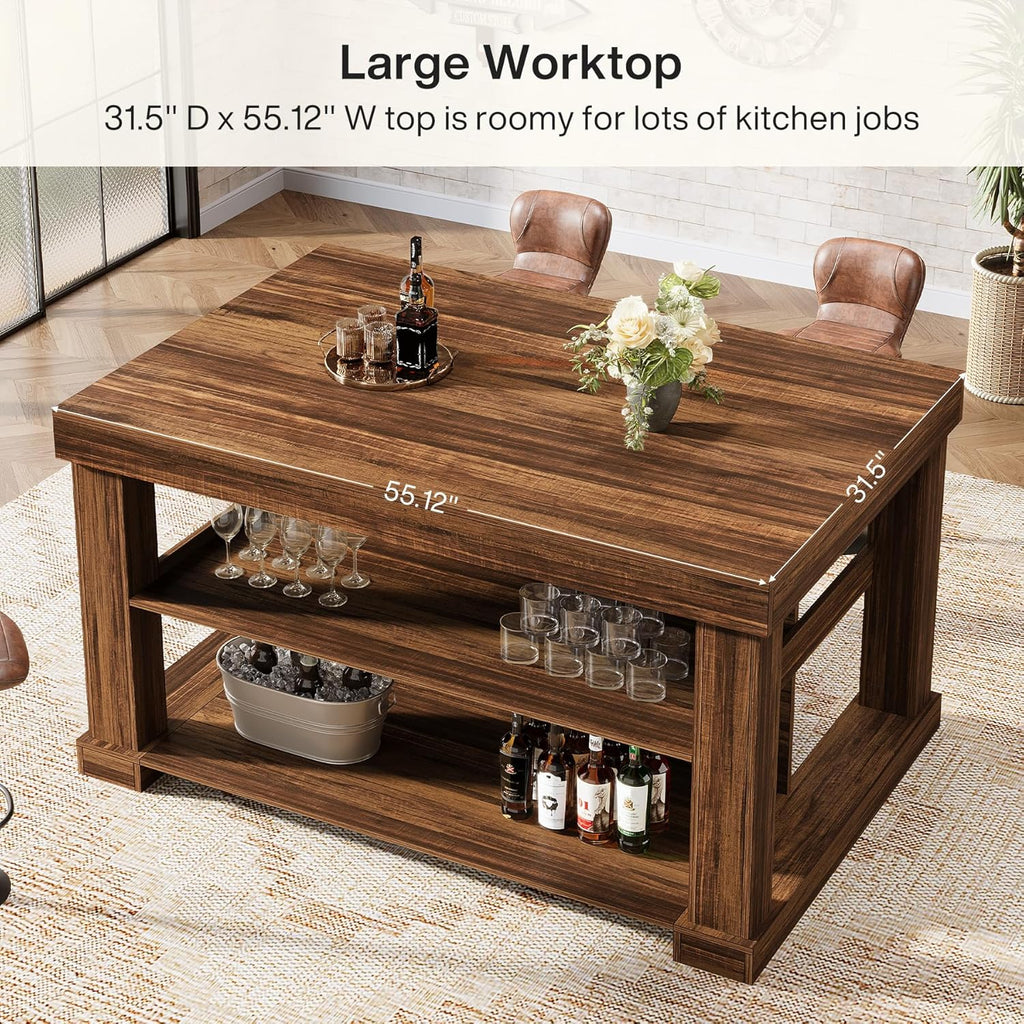 Tribesigns 55-Inch Dining Table for 6, Rectangular Counter Height Dining Table with Storage Shelves, High Top Kitchen Table with Large Tabletop and Stable Wooden Structure, Farmhouse Style, Dark Brown