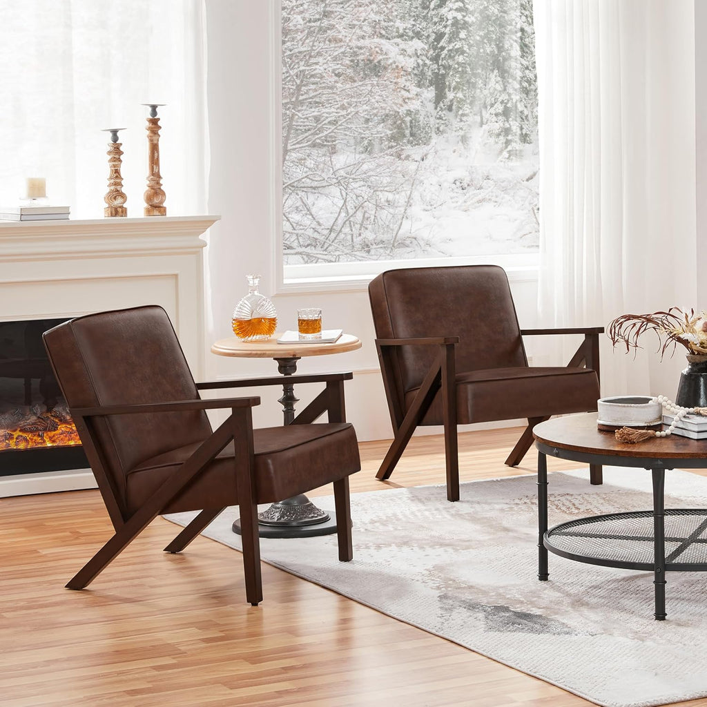 Yaheetech Mid-Century Modern Accent Chair, Lounge Chair, Dark Brown | Faux Leather Chair with Flat Arms, Engineered Wood Frame Armchair, for Living Room/Office/Reading/Reception Area