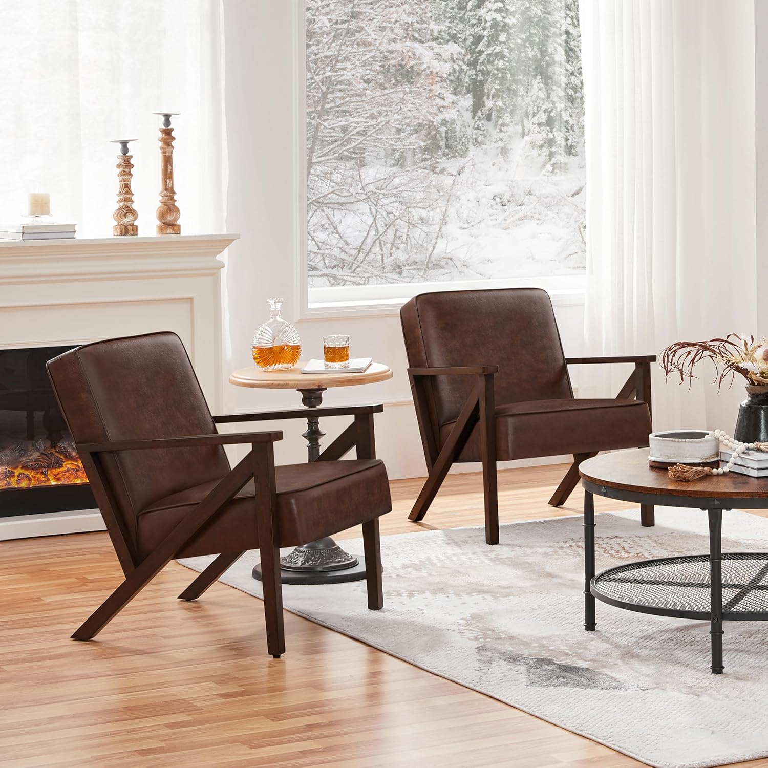 Yaheetech Mid-Century Modern Accent Chair, Lounge Chair, Dark Brown | Faux Leather Chair with Flat Arms, Engineered Wood Frame Armchair, for Living Room/Office/Reading/Reception Area
