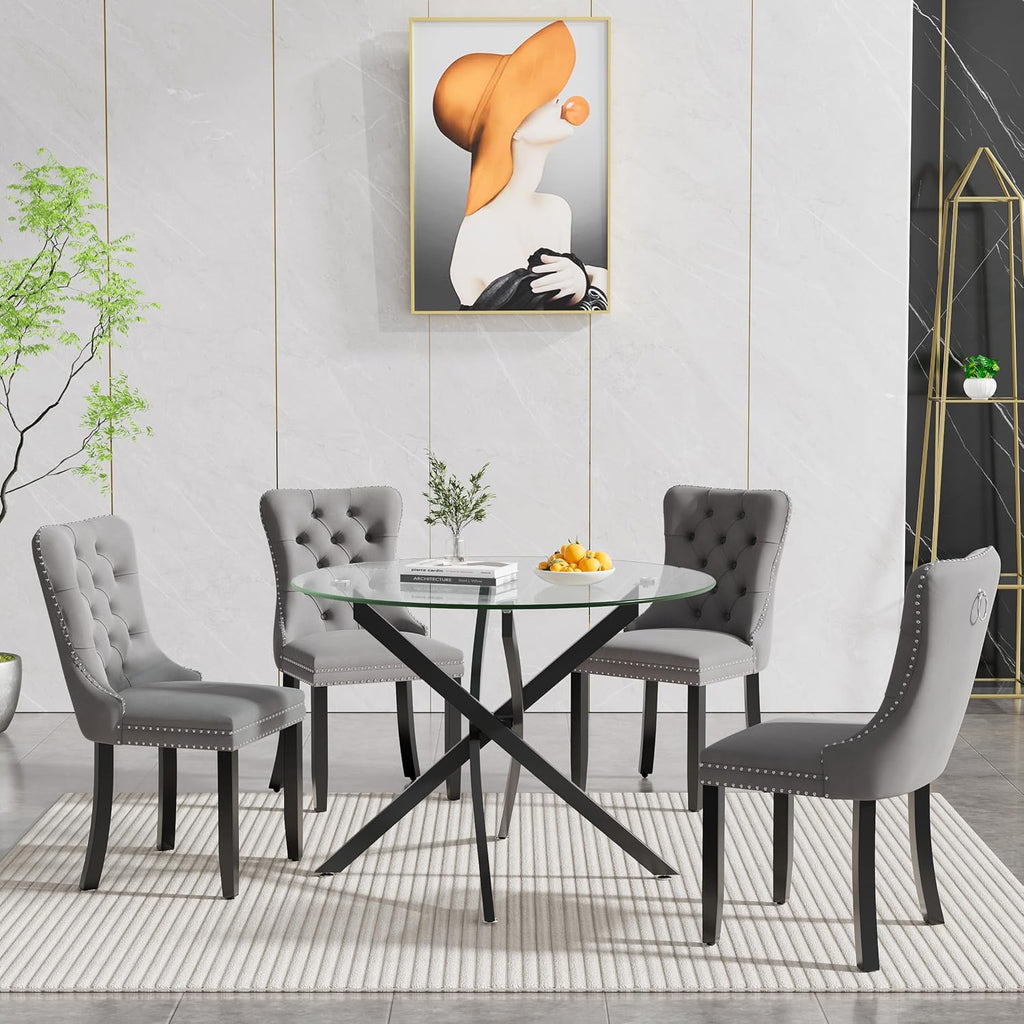 Small Round Dining Table Set for 4, Modern Glass Kitchen Table Chairs Set of 4, 5-Piece Dining Table Set w/36 Circle Black Glass Dining Room Table and 4 Grey Upholstered Dining Chairs