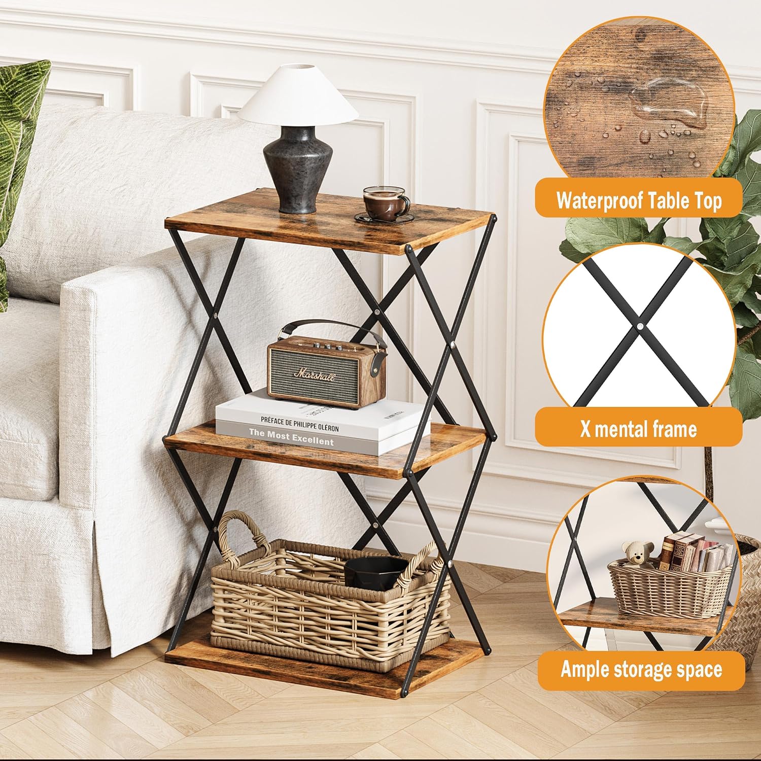 3-Tier End Table Small Side Table Tall Bedside Night Stand with Storage Sofa Side desks for Living Room Bedroom Office Bathroom Small Space Rustic Brown ET-03RB