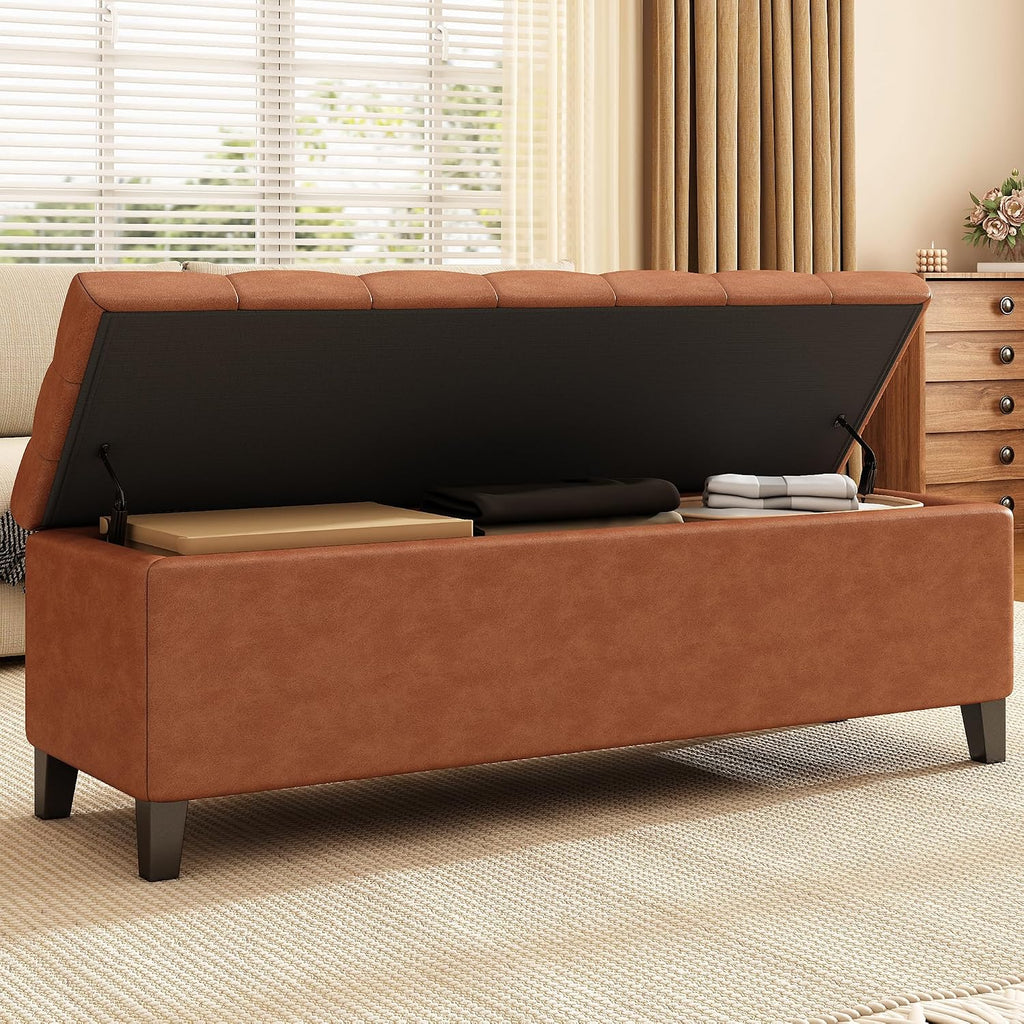 PU Storage Ottoman Bench - Leather Storage Bench End of Bed with Safety Hinges, Tufted Ottoman for Living, Dining Room, Entryway and Hallway, Brown