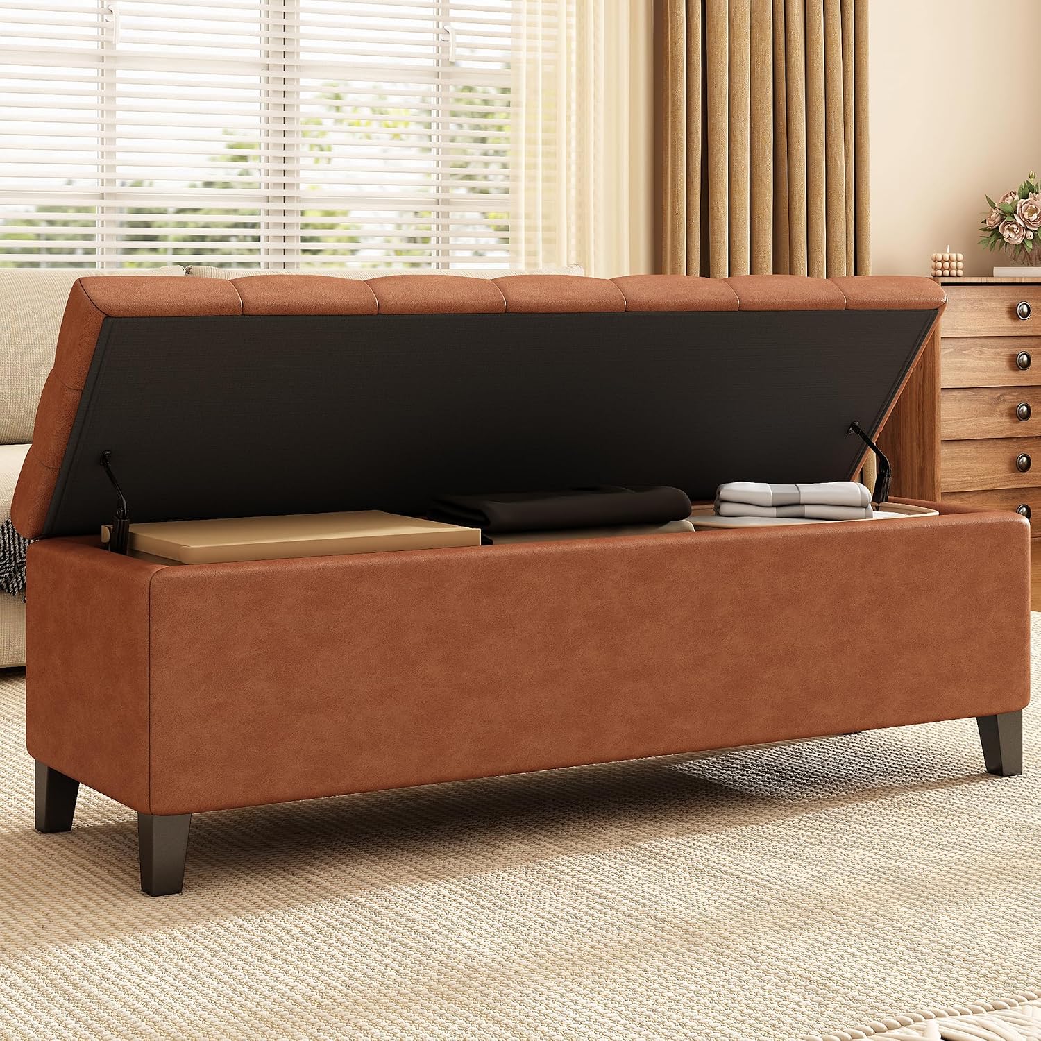 PU Storage Ottoman Bench - Leather Storage Bench End of Bed with Safety Hinges, Tufted Ottoman for Living, Dining Room, Entryway and Hallway, Brown