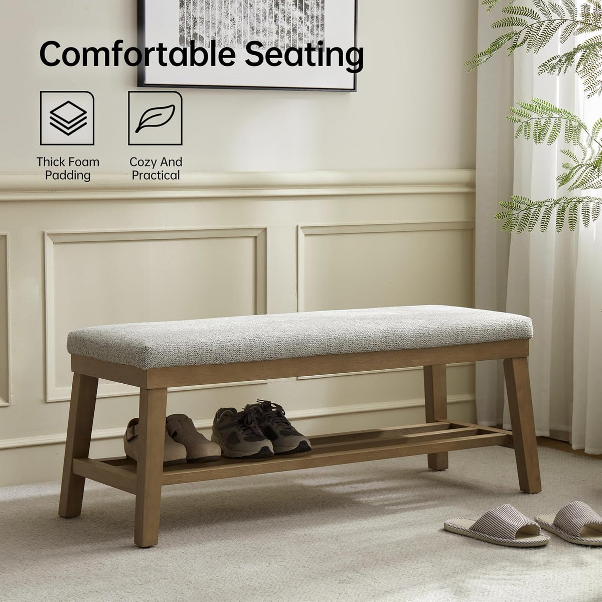 VKNOW Entryway Bench, 44.4" Upholstered Shoe Storage Bench for Entryway & Bedroom, Shoe Bench with Rubberwood Legs, Modern End of Bed Storage Bench for Living Room and Hallway, Beige