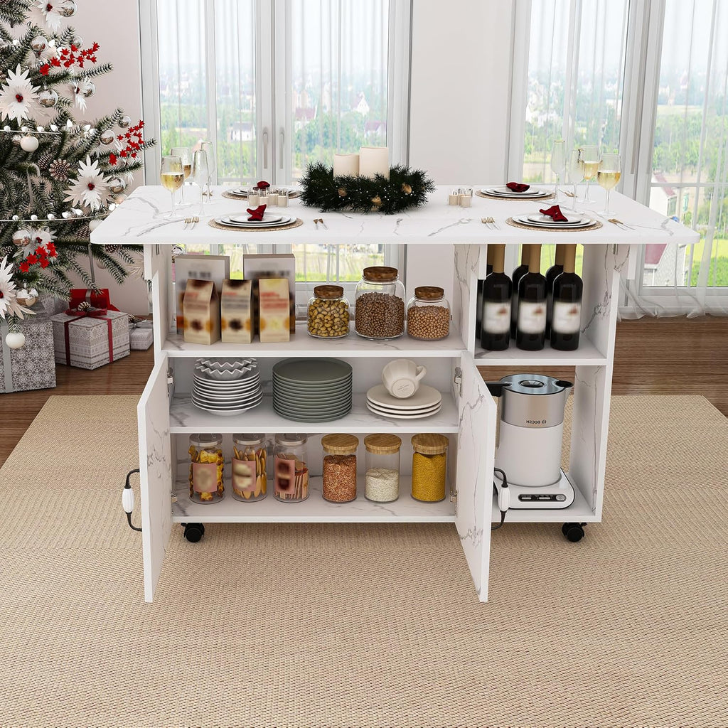 Multi-Functional Folding Dining Table Kitchen Island with Storage Shelves and Wheels, Space Saving Dining Tables Compact Desk for Dining Room, Kitchen, Dorm, Office (White)
