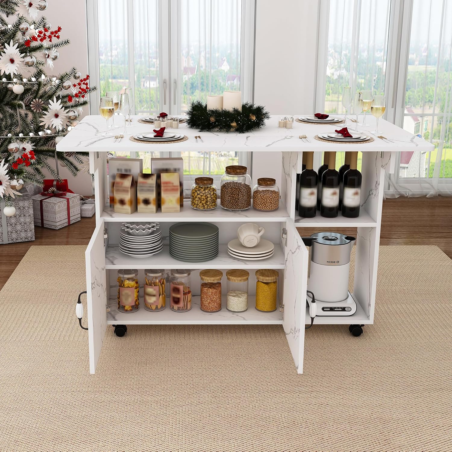 Multi-Functional Folding Dining Table Kitchen Island with Storage Shelves and Wheels, Space Saving Dining Tables Compact Desk for Dining Room, Kitchen, Dorm, Office (White)