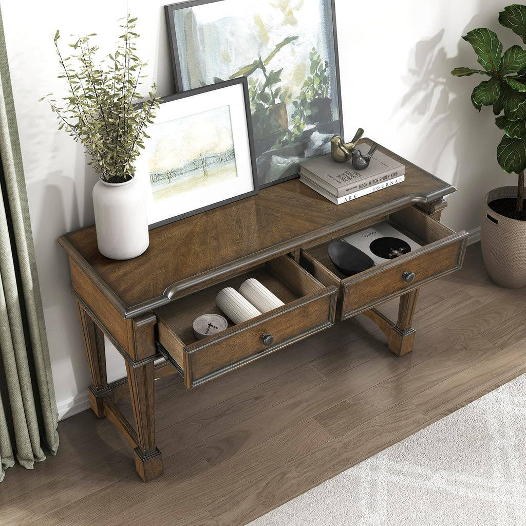 Lexicon Rectangle Wood Sofa Table with 2 Dovetail Drawers, Cherry Veneer Console Table with Antique Bronze Knobs & Sturdy Wood Construction for Elegant Living Room, Entryway, Easy Assembly, Brown