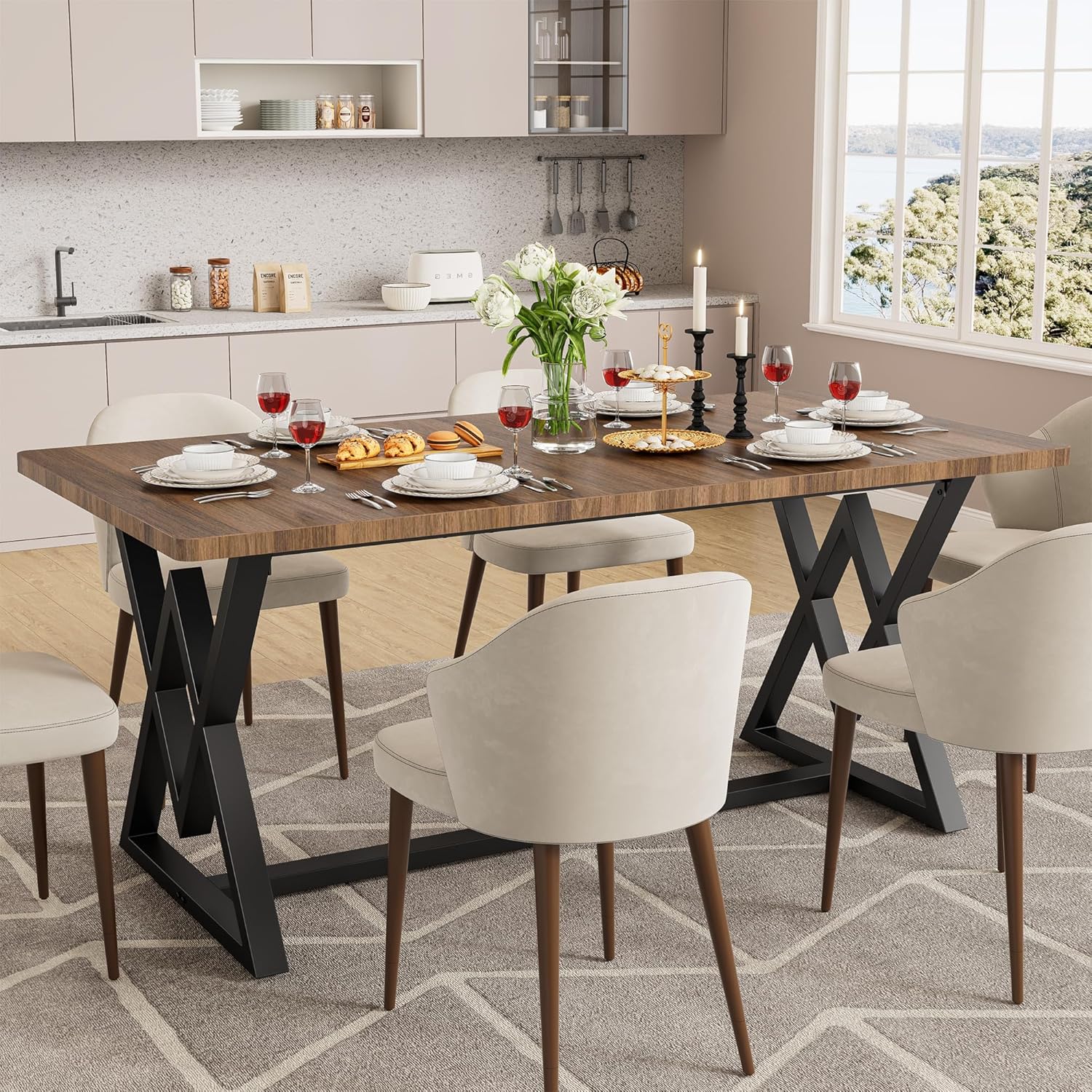 IRONCK 63" Dining Table for 4-6, Modern Rectangular Kitchen Table with Sturdy Metal Frame & Geometric Legs for Dining Room, Easy Clean-Brown
