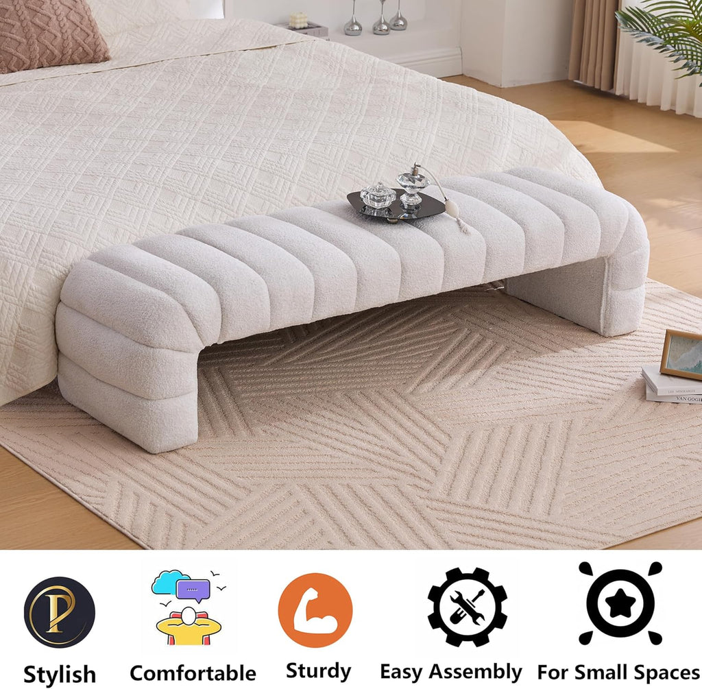 Arched Ottoman Bench for Bedroom Living Room,69.7" Chenille Long Benches for Bed End King Size,Modern Channel Tufted Seating Bench for Entryway,Window,Bedside (Ivory, 69.7")