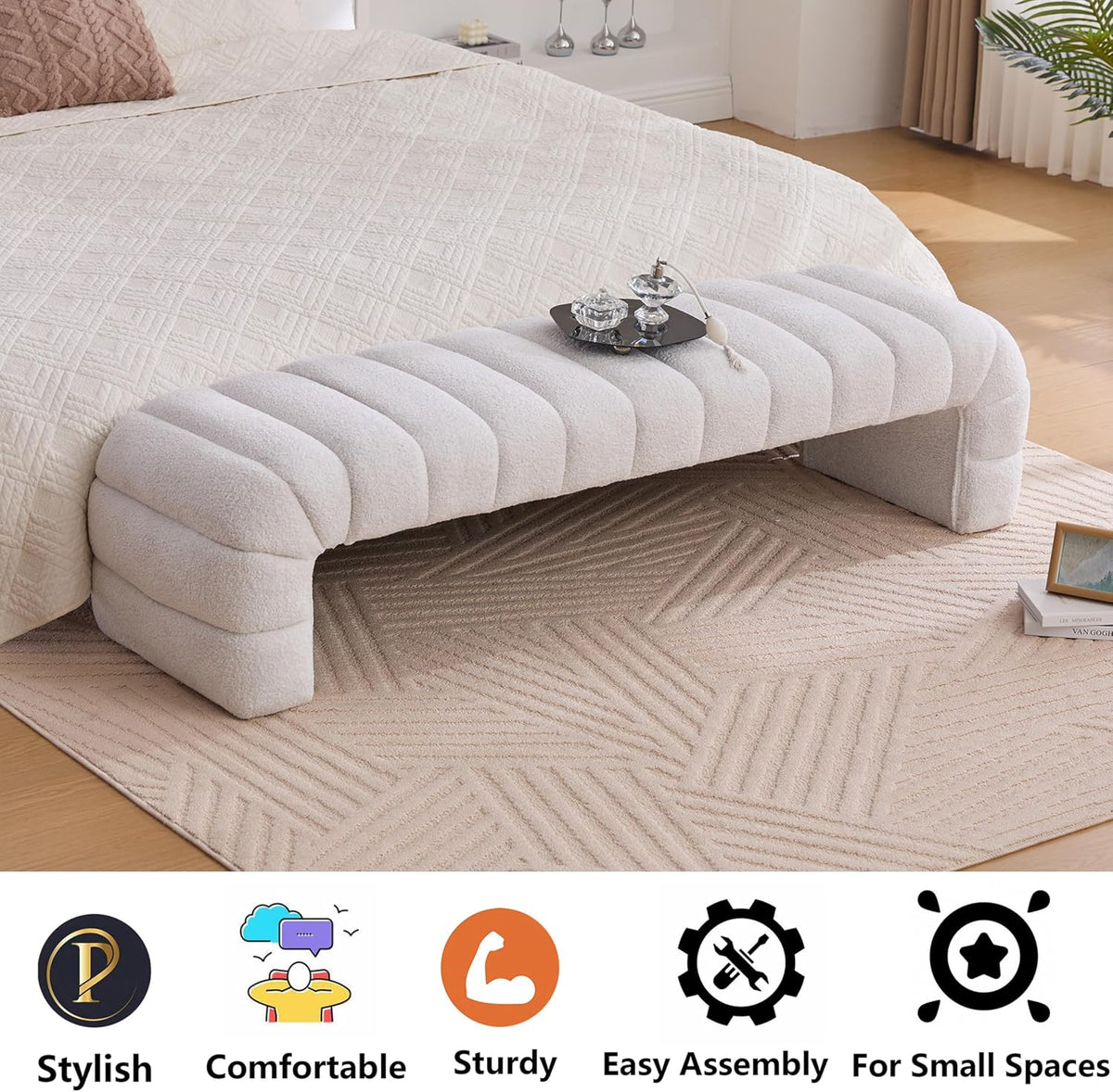 Arched Ottoman Bench for Bedroom Living Room,69.7" Chenille Long Benches for Bed End King Size,Modern Channel Tufted Seating Bench for Entryway,Window,Bedside (Ivory, 69.7")