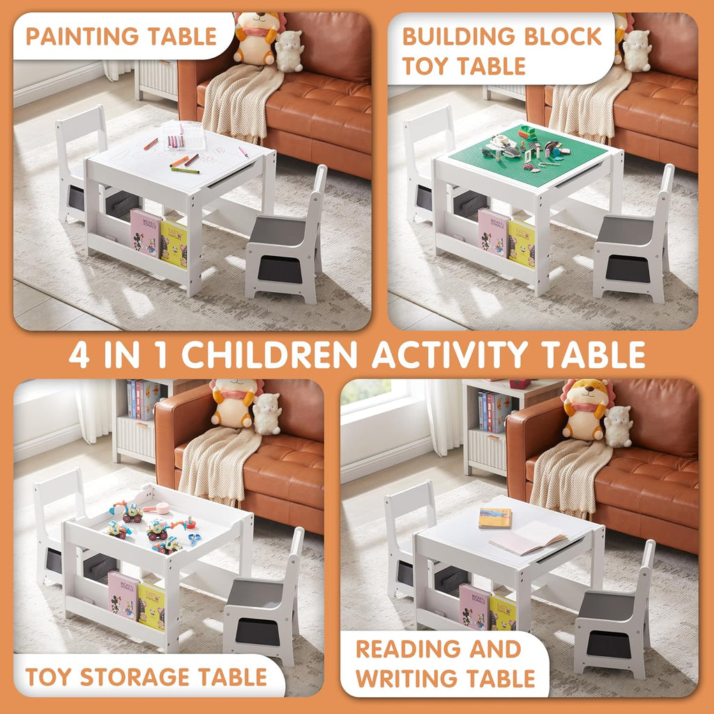 GABHX Kids Table and Chair Set, 3 in 1 Wooden Activity Table with Bookshelves and Storage Drawer, 2 in 1 Detachable Tabletop Construction Play Table Set for Drawing, Reading