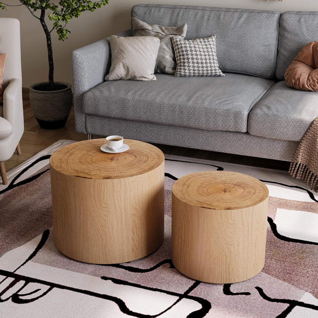 Nesting Coffee Table Set of 2, Modern Round Coffee Table, Wooden Circle Accent Tables for Small Spaces Living Room Bedroom Balcony Office Drum Side Table, Natural Wood