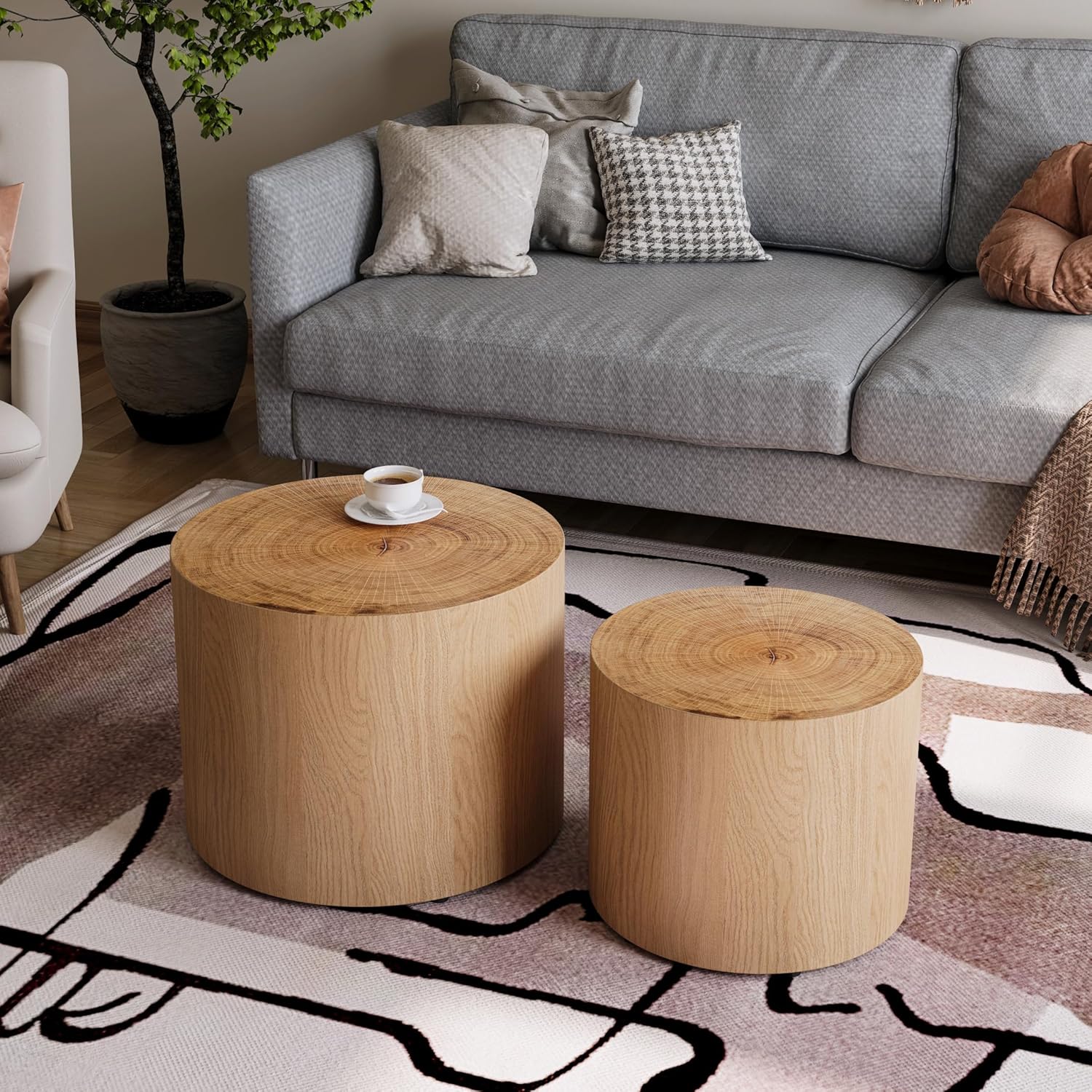 Nesting Coffee Table Set of 2, Modern Round Coffee Table, Wooden Circle Accent Tables for Small Spaces Living Room Bedroom Balcony Office Drum Side Table, Natural Wood