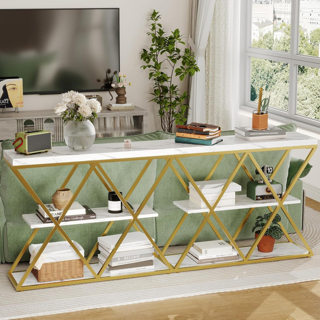 Garvee 3 Tier Console Table with Open Wood Shelves,39" Industrial Entryway Table,Sofa Table,Narrow Wood Accent Tables with Metal Frame for Hallway,Living Room,Behind Couch,Foyer,Entrance,White