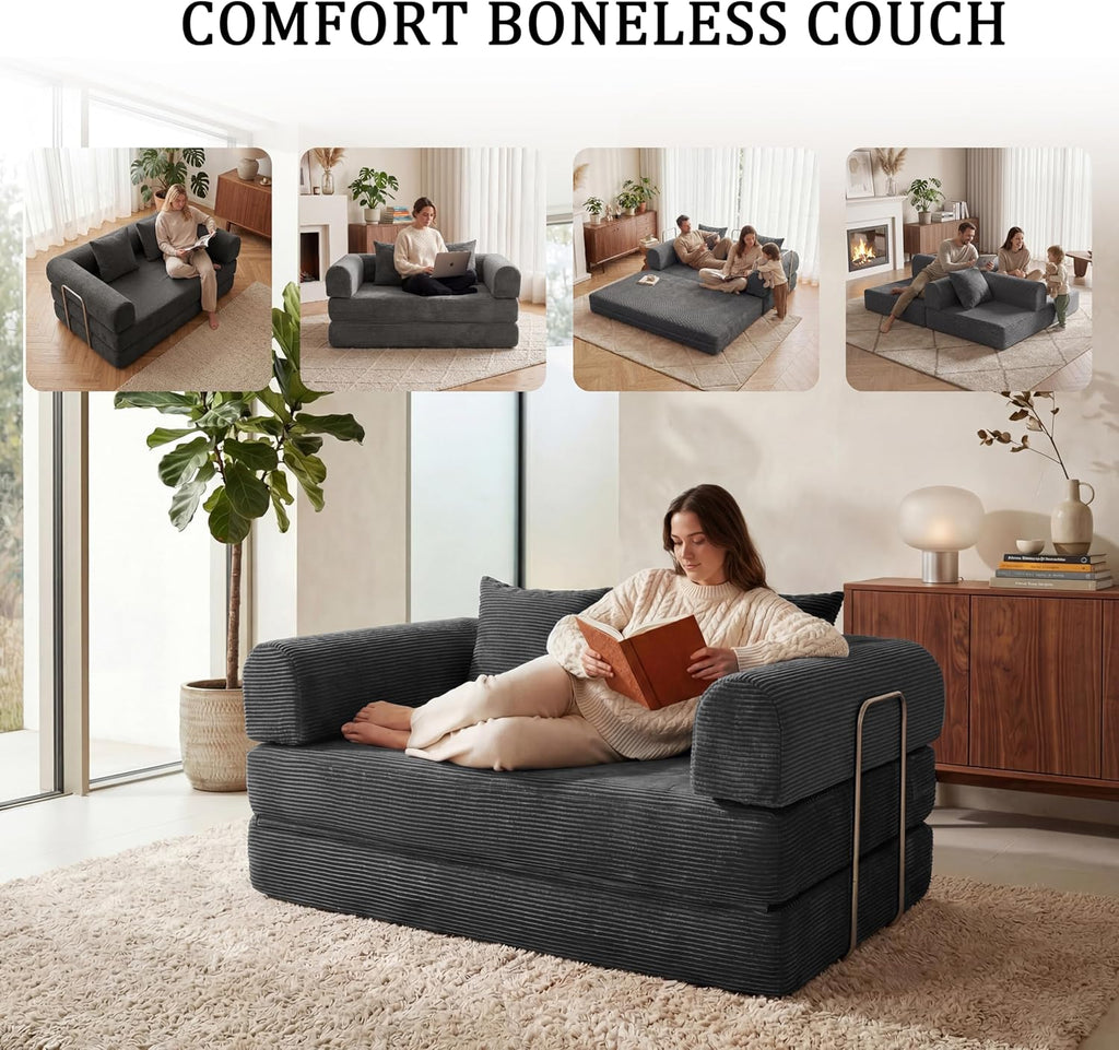 Futon Sofa Bed Modular Loveseat Sleeper Folding Pull Out Couch with Pillows, No Assembly Required Couch for Living Room Bedroom Guest Room (Grey, 53.15" Loveseat Sofa)