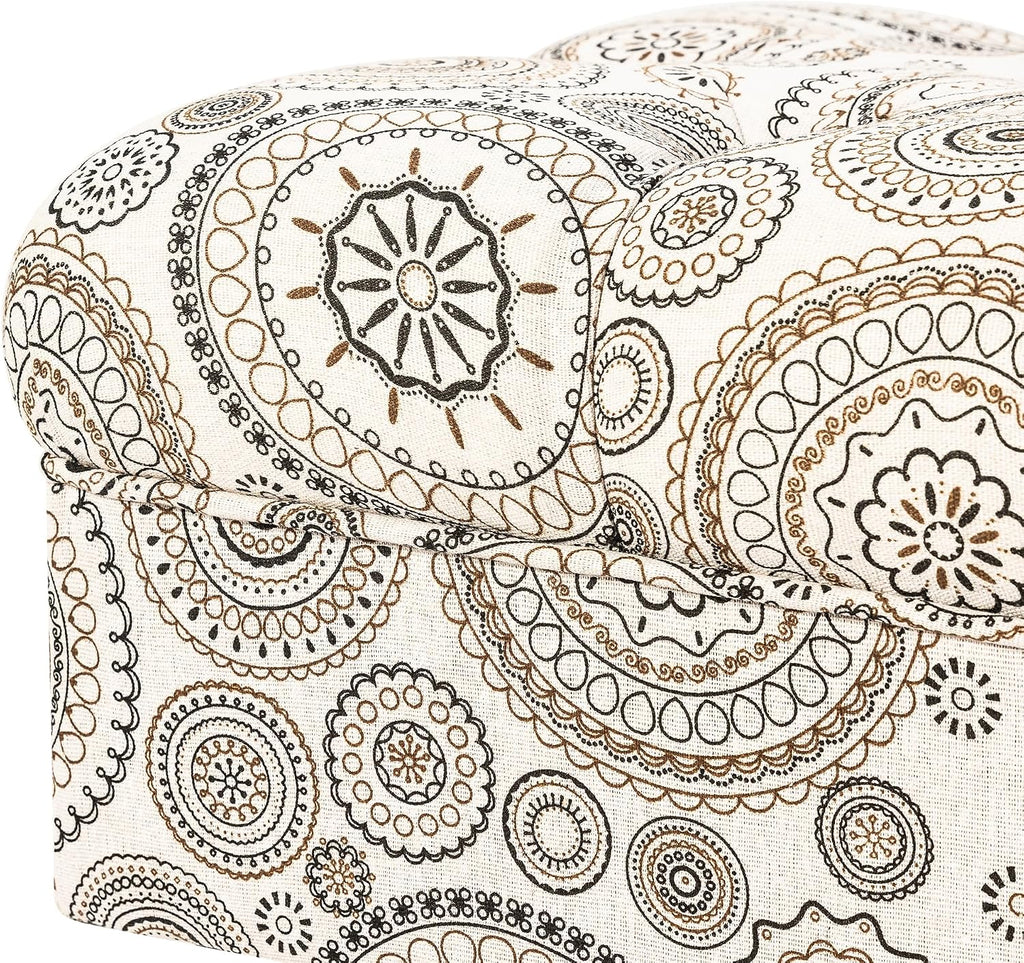Adeco 20-inch Tufted Ottoman Stool with Wood Legs, Upholstered Foot Rest for Living Room & Bedroom, Mid-Century Boho Accent Stool, Teal Paisley Floral