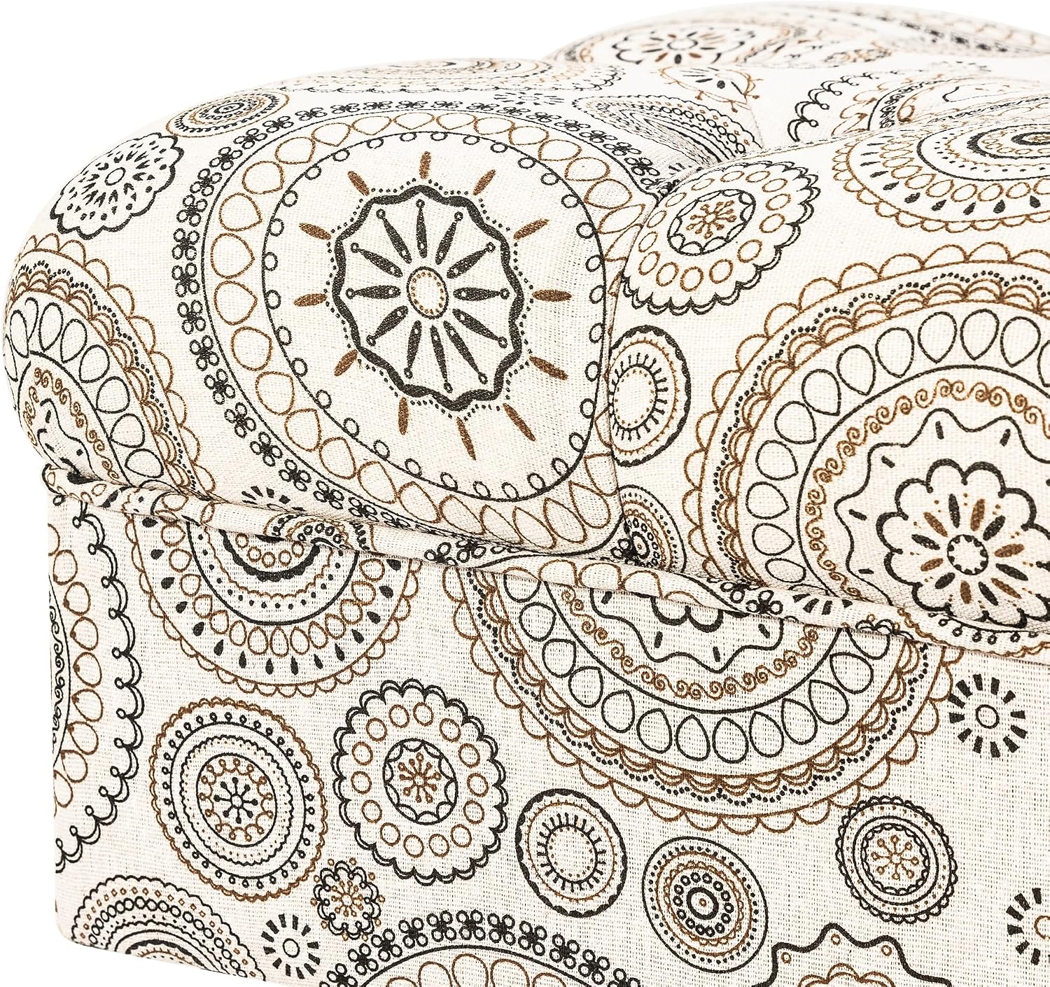 Adeco 20-inch Tufted Ottoman Stool with Wood Legs, Upholstered Foot Rest for Living Room & Bedroom, Mid-Century Boho Accent Stool, Teal Paisley Floral