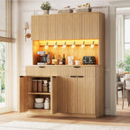 Jocoevol Fluted Kitchen Pantry Storage Cabinet with Charging Station/LED Light/Doors/Shelves, 71'' Tall Kitchen Food Hutch with Microwave Stand for Dining Room Living Room (Natural, 47 * 15.7 * 71)