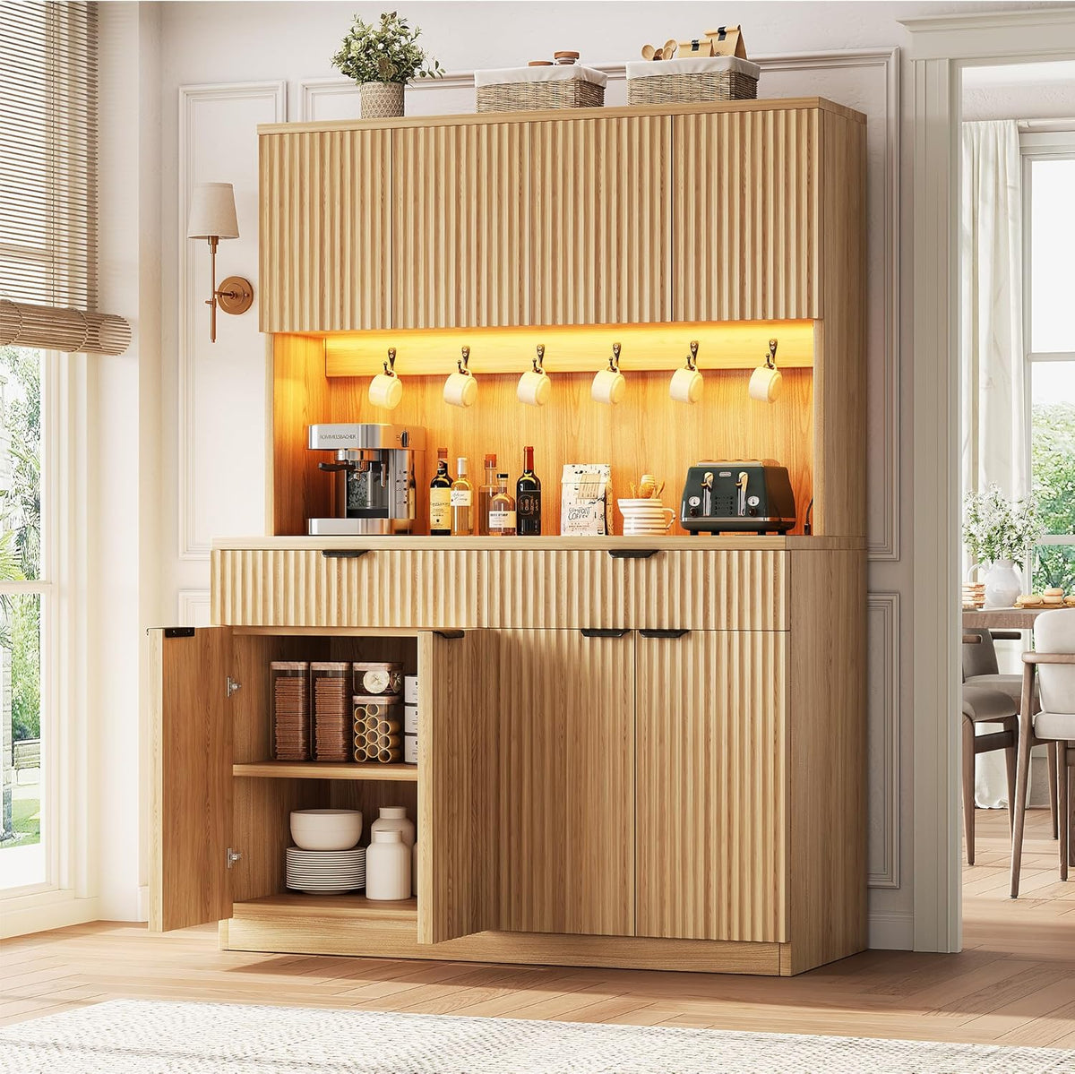 Jocoevol Fluted Kitchen Pantry Storage Cabinet with Charging Station/LED Light/Doors/Shelves, 71'' Tall Kitchen Food Hutch with Microwave Stand for Dining Room Living Room (Natural, 47 * 15.7 * 71)