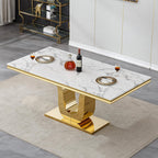 White Marble Dining Table for 6 Modern Luxury Faux Marble Kitchen Table for 6, 68" Large Dining Room Tables with U-Shape Gold Stainless Steel Base