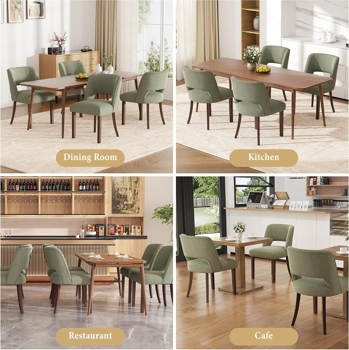 Dining Chairs Set of 6,Modern Dining Room Chairs with Thick Cushions,Linen Upholstered Kitchen Dining Chairs with Wood Legs for Kitchen Dining Room Living Room,Green