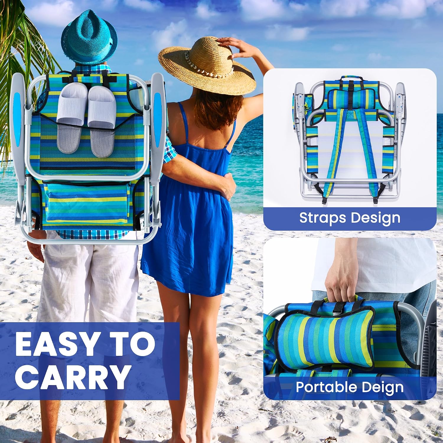 Portable Recliners Chair for Adults, Outdoor Camping Chair Lay Flat Folding Backpack Reclining Chair with 5 Positions, Headrest, Zipper Pouch, Cup Holder, NEW Srtiped