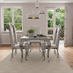 Asday Dining Chairs Set of 6, White Faux Leather and Silver Streamlined High Back Dining Room Chairs with Curved and X Stainless Steel Legs