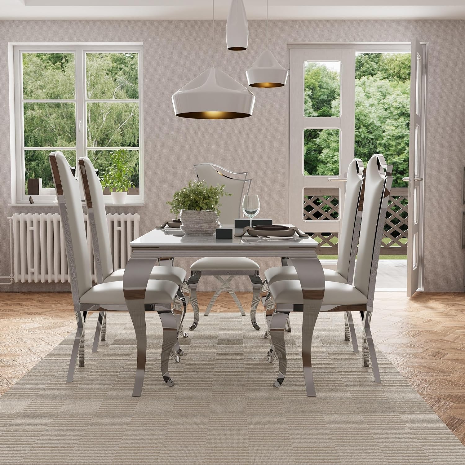 Asday Dining Chairs Set of 6, White Faux Leather and Silver Streamlined High Back Dining Room Chairs with Curved and X Stainless Steel Legs