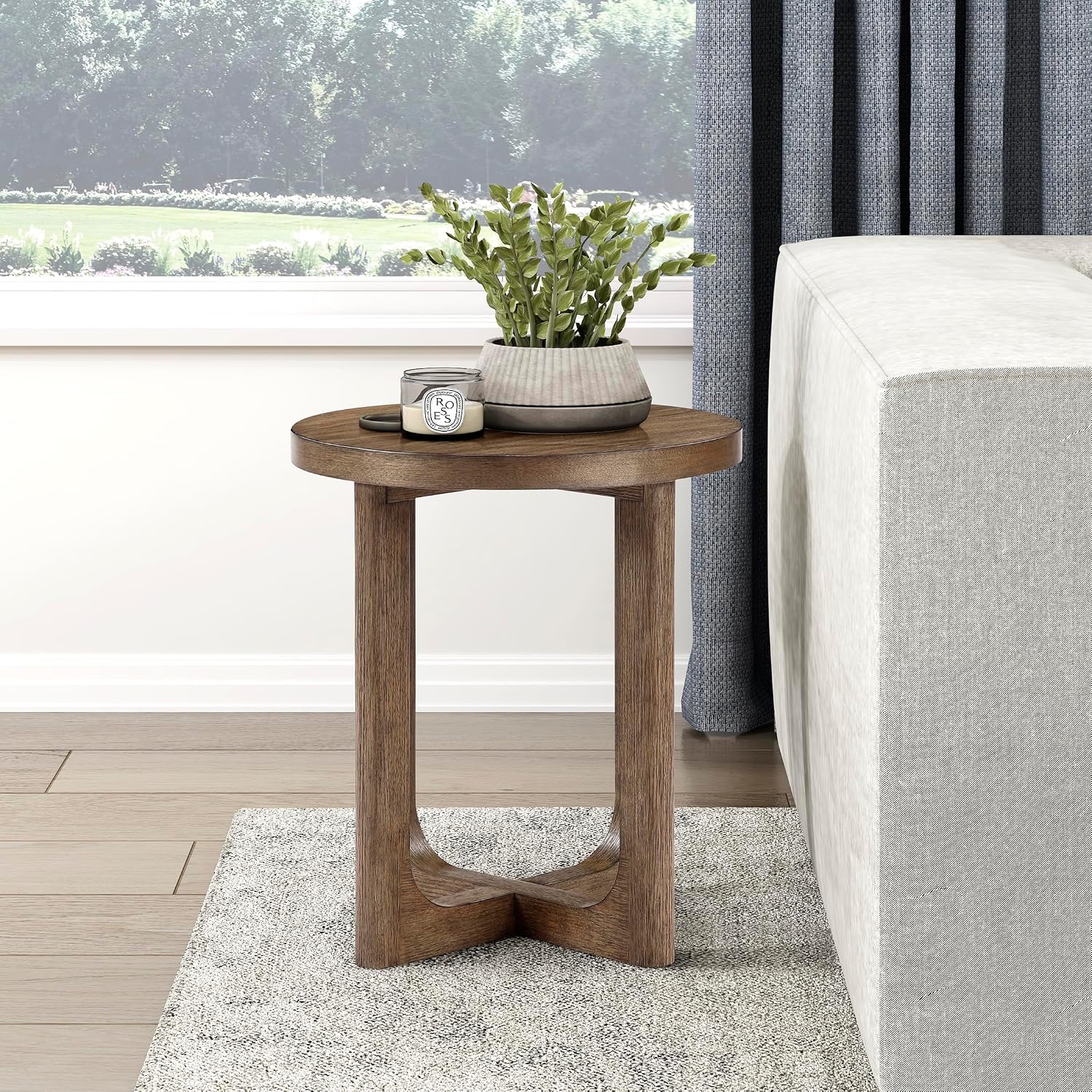 Lexicon Modern Round End Table, 20 Inch Dia. Wood Living Room Side Table, Walnut Veneer, Sturdy Geometric Wood Base, for Living Room/Lounge/Office/Waiting Area, Easy Assembly, Light Brown