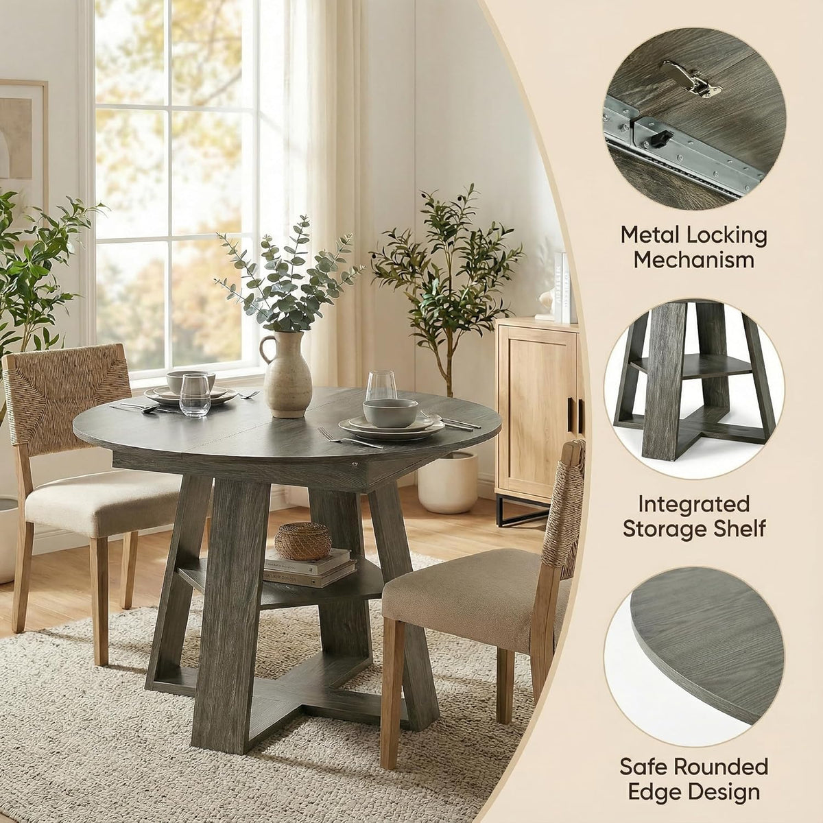 Round Extendable Dining Table Set for 6, 43"-59" Rustic Grey Expandable Kitchen Table with 6 Blue Velvet Tufted Chairs, Farmhouse Wooden Extendable Dining Room Table Set for Small Space Apartment