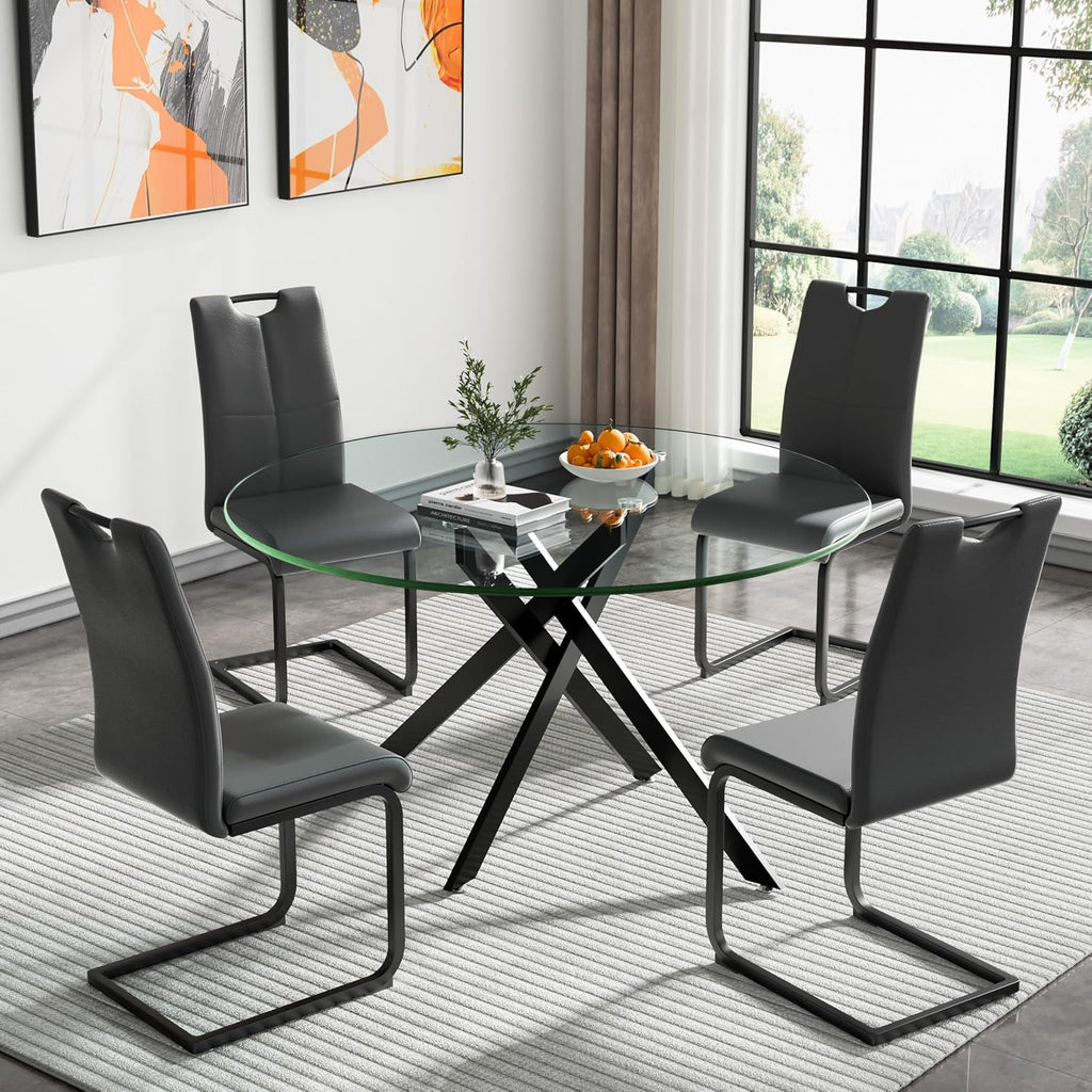 Henf 5 Piece Round Glass Dining Table Set, Modern 47 Inch Dining Room Table Set for 4 Circle Black Kitchen Set with Glass Tables and 4 PU Leather Chairs for Kitchen Dining Cafe
