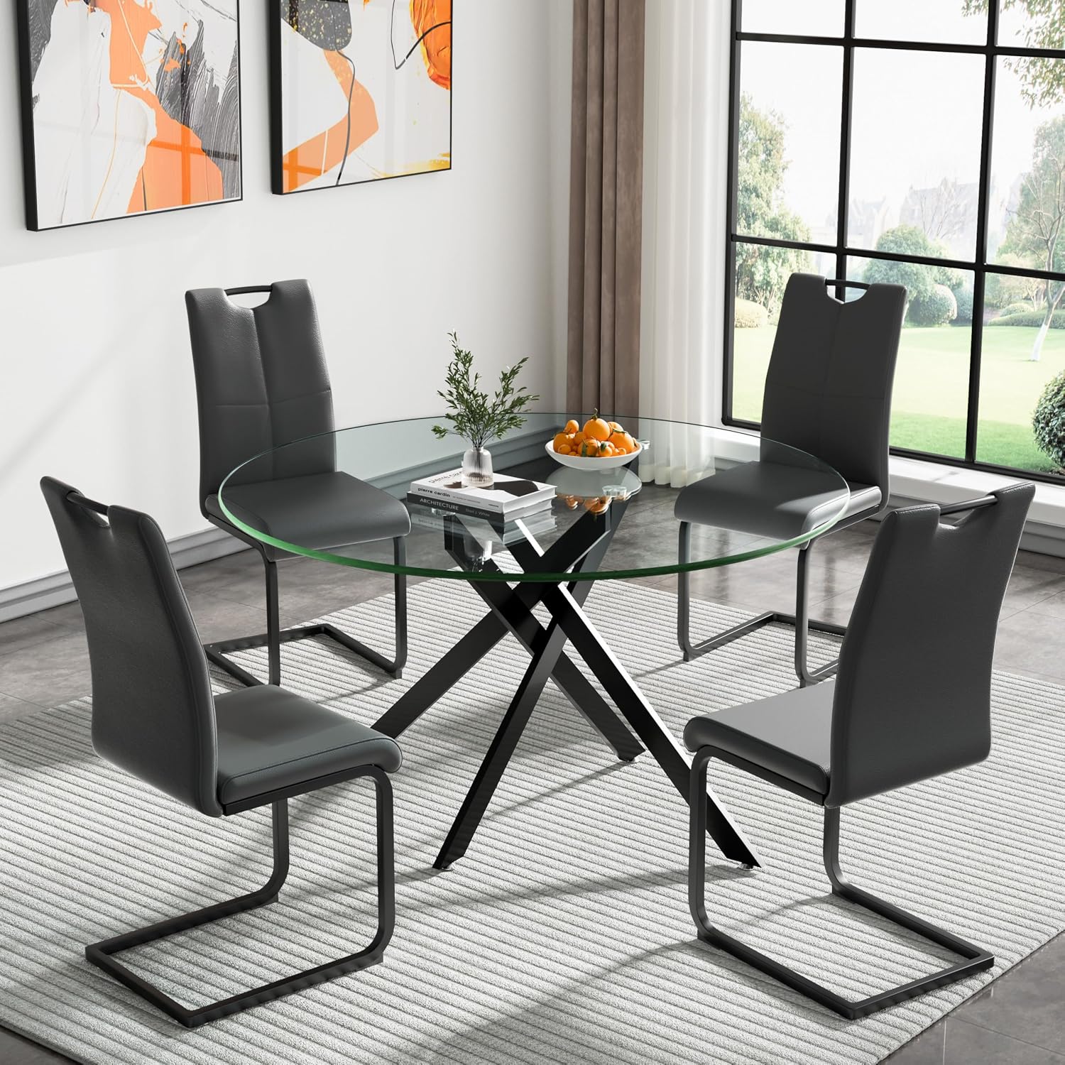 Henf 5 Piece Round Glass Dining Table Set, Modern 47 Inch Dining Room Table Set for 4 Circle Black Kitchen Set with Glass Tables and 4 PU Leather Chairs for Kitchen Dining Cafe
