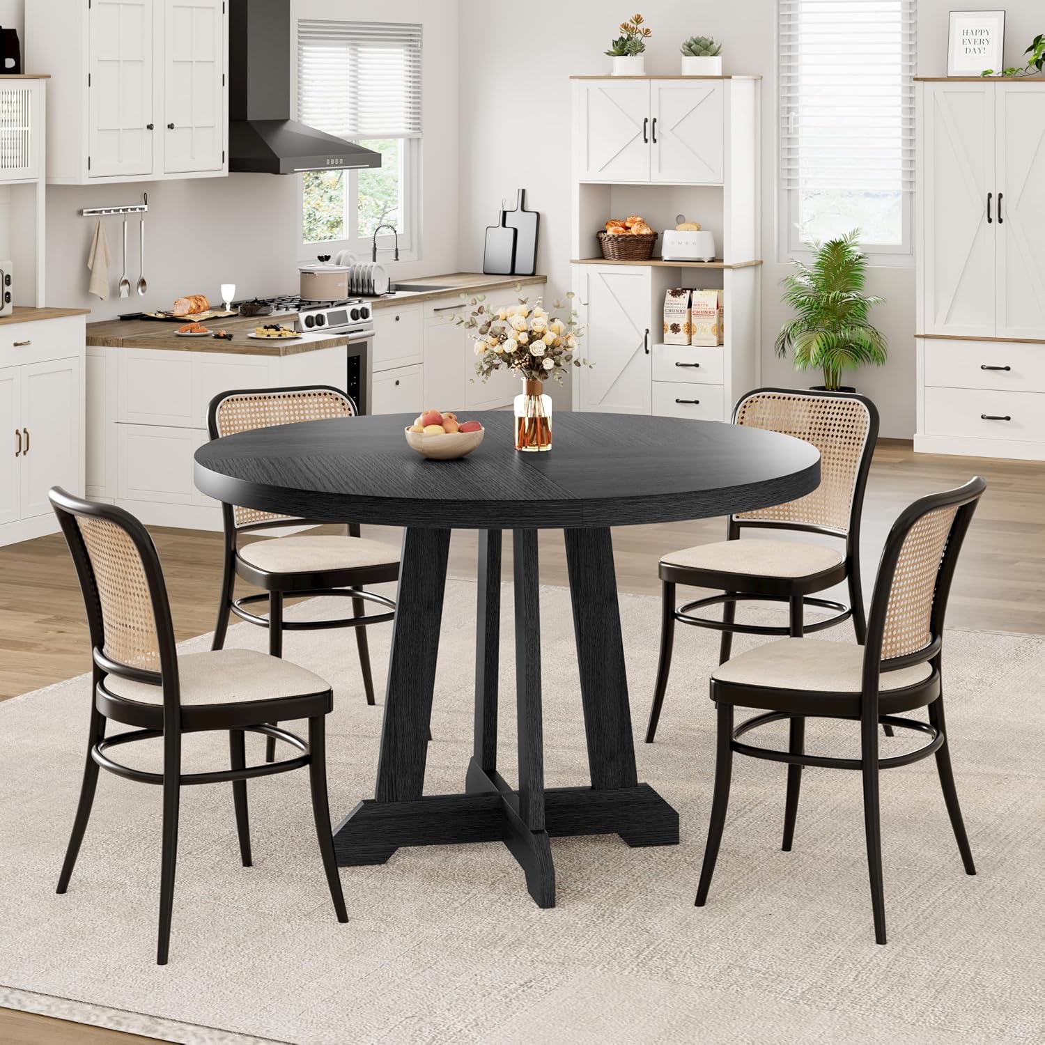 47" Round Dining Table for 4–6 People, Farmhouse Wooden Kitchen Table with Reinforced Legs, Dining Room Table with Adjustable Foot Pads for Home & Restaurant,Black